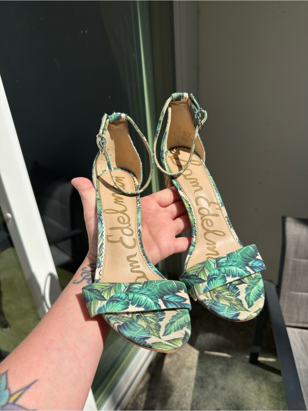 Sam Edelman Green Tropical Leaf Ankle-Strap Heels